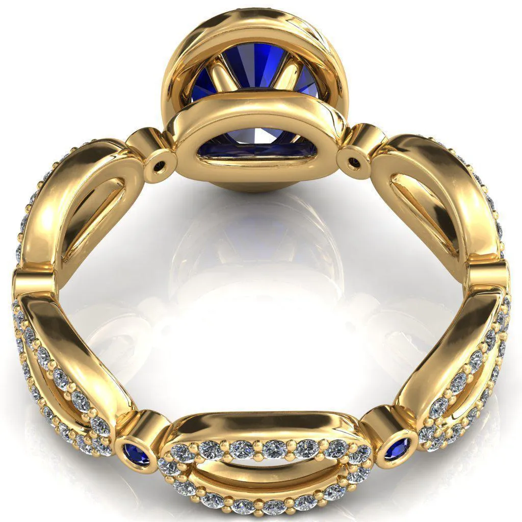 Polaris Oval Blue Sapphire Diamond Halo Full Eternity Blue Sapphire Bezel Diamond Accent Ring