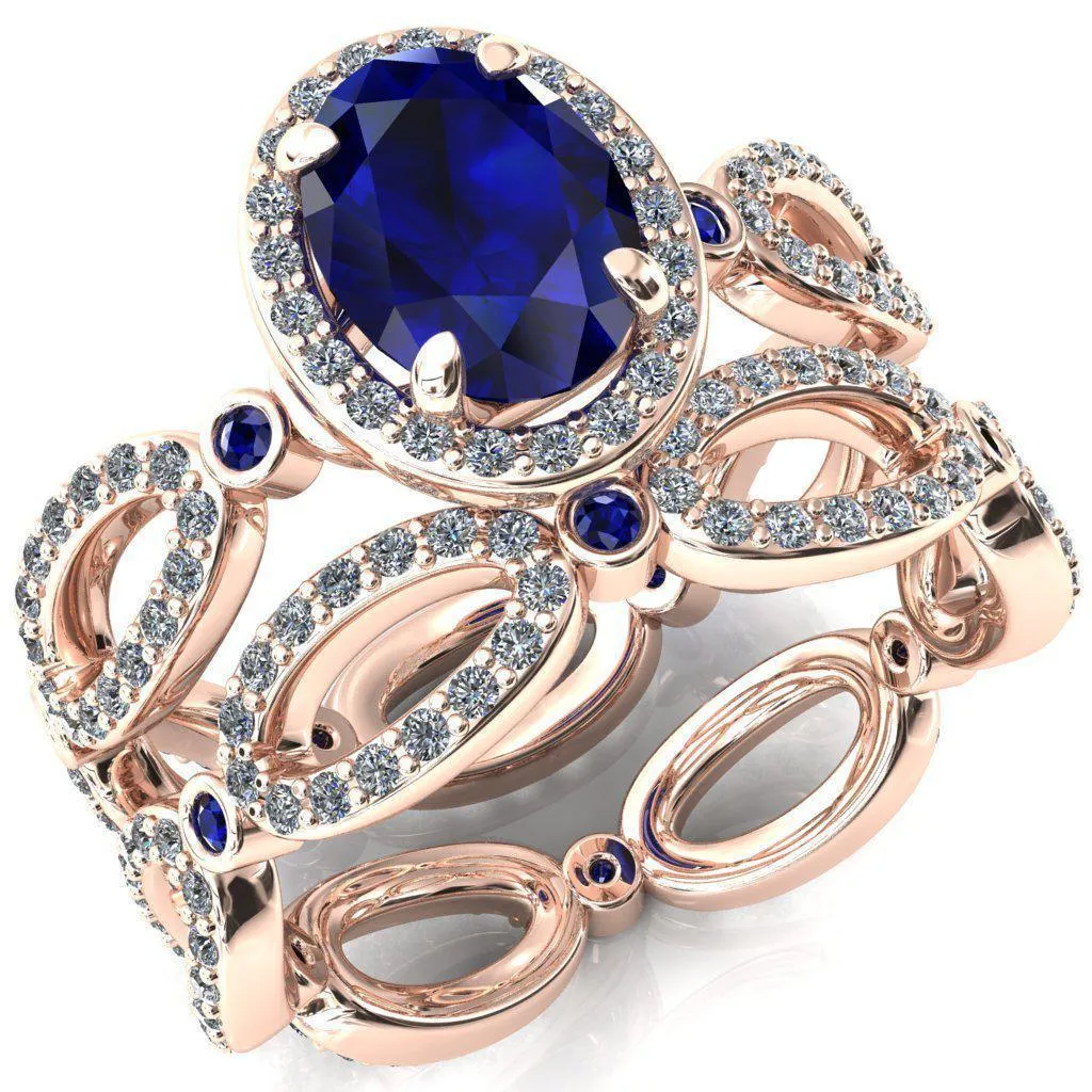 Polaris Oval Blue Sapphire Diamond Halo Full Eternity Blue Sapphire Bezel Diamond Accent Ring