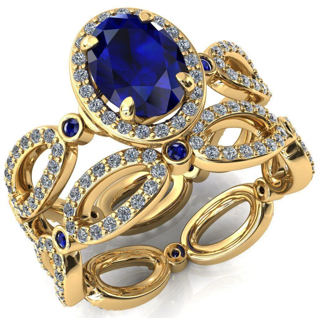 Polaris Oval Blue Sapphire Diamond Halo Full Eternity Blue Sapphire Bezel Diamond Accent Ring