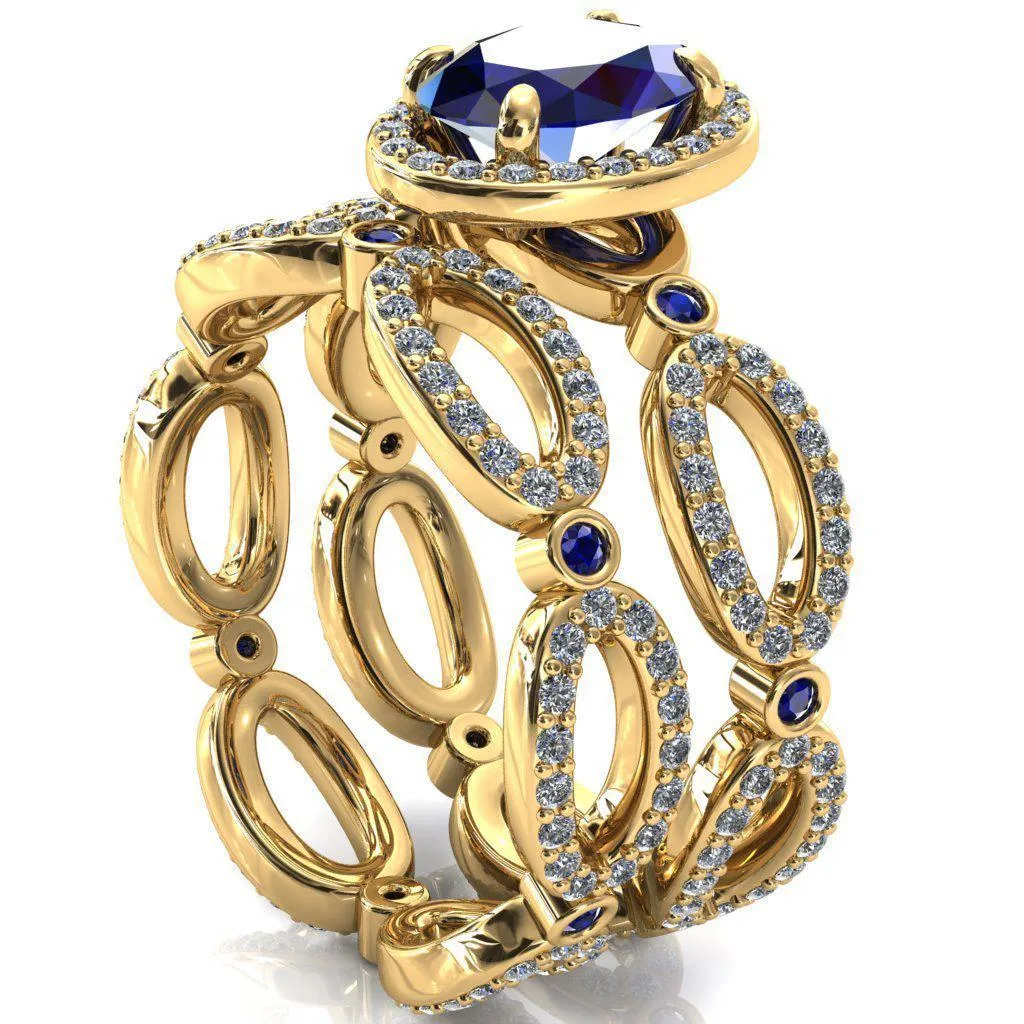 Polaris Oval Blue Sapphire Diamond Halo Full Eternity Blue Sapphire Bezel Diamond Accent Ring