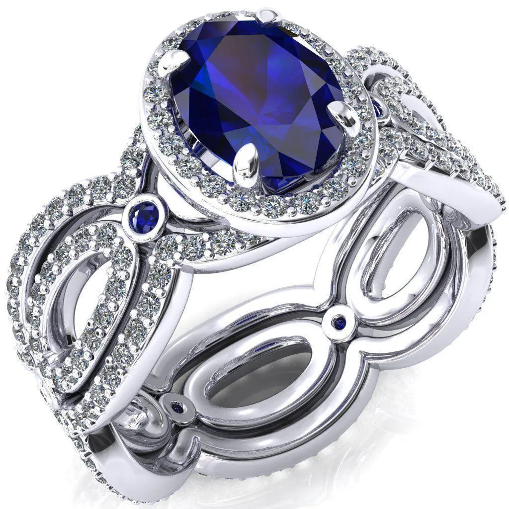Polaris Oval Blue Sapphire Diamond Halo Full Eternity Blue Sapphire Bezel Diamond Accent Ring
