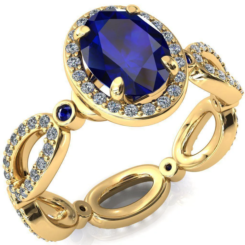 Polaris Oval Blue Sapphire Diamond Halo Full Eternity Blue Sapphire Bezel Diamond Accent Ring