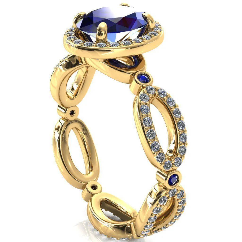 Polaris Oval Blue Sapphire Diamond Halo Full Eternity Blue Sapphire Bezel Diamond Accent Ring