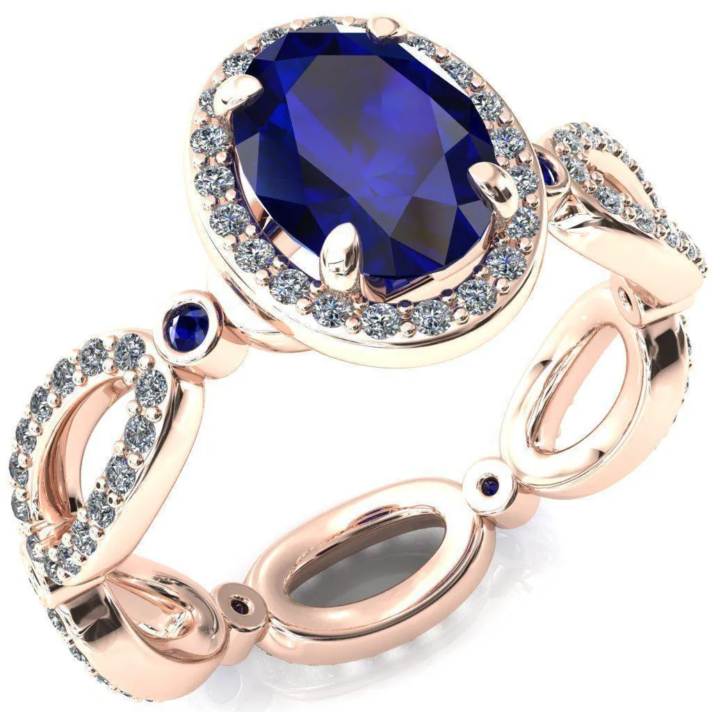 Polaris Oval Blue Sapphire Diamond Halo Full Eternity Blue Sapphire Bezel Diamond Accent Ring