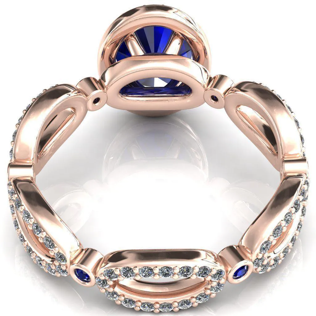 Polaris Oval Blue Sapphire Diamond Halo Full Eternity Blue Sapphire Bezel Diamond Accent Ring