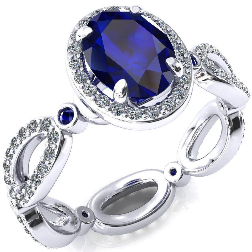 Polaris Oval Blue Sapphire Diamond Halo Full Eternity Blue Sapphire Bezel Diamond Accent Ring