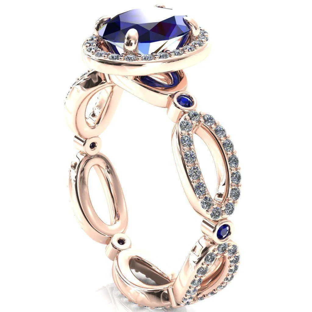 Polaris Oval Blue Sapphire Diamond Halo Full Eternity Blue Sapphire Bezel Diamond Accent Ring