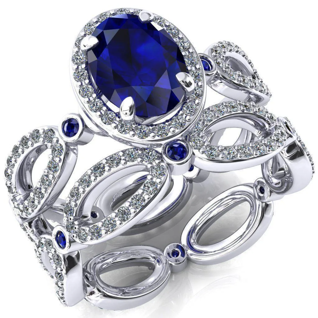 Polaris Oval Blue Sapphire Diamond Halo Full Eternity Blue Sapphire Bezel Diamond Accent Ring