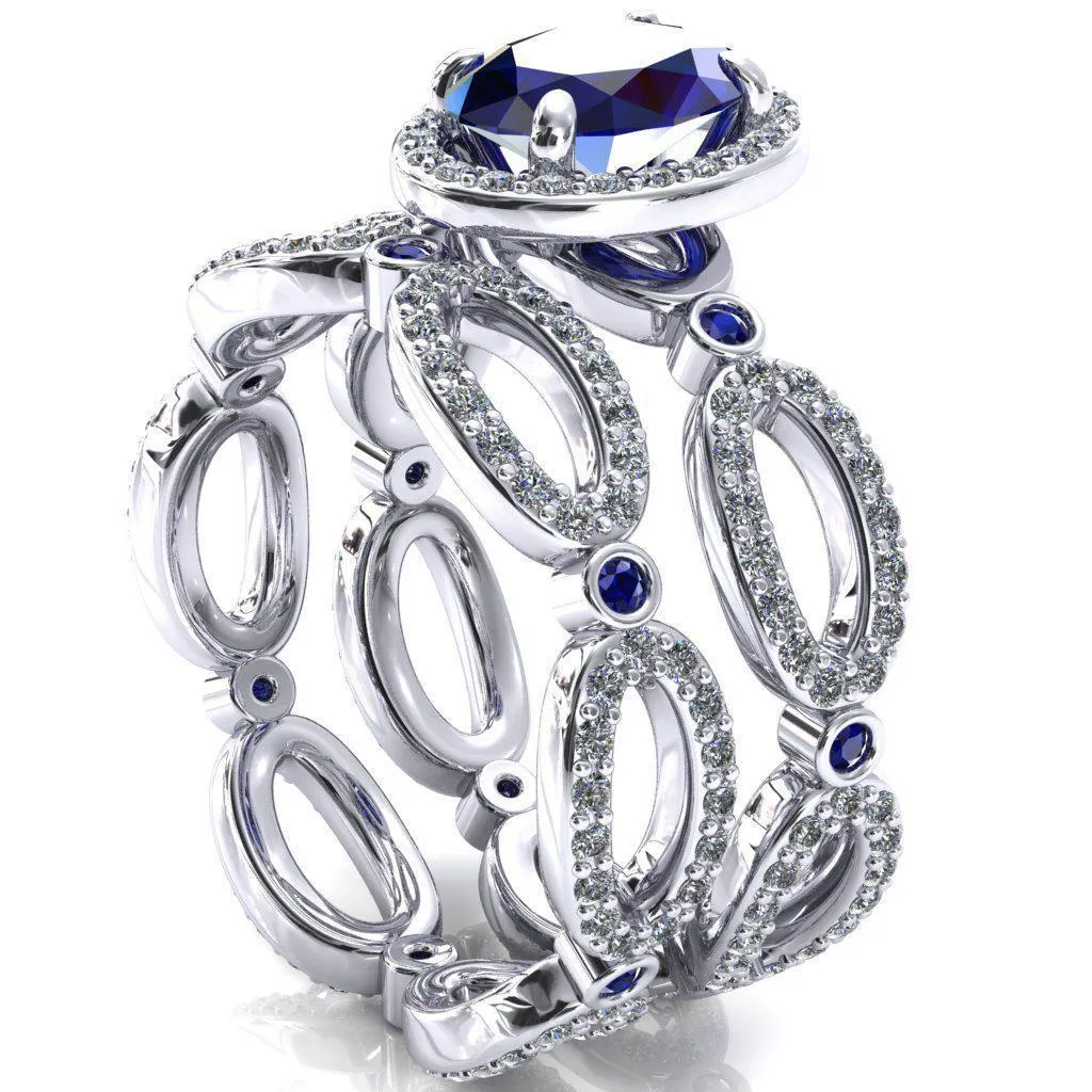 Polaris Oval Blue Sapphire Diamond Halo Full Eternity Blue Sapphire Bezel Diamond Accent Ring