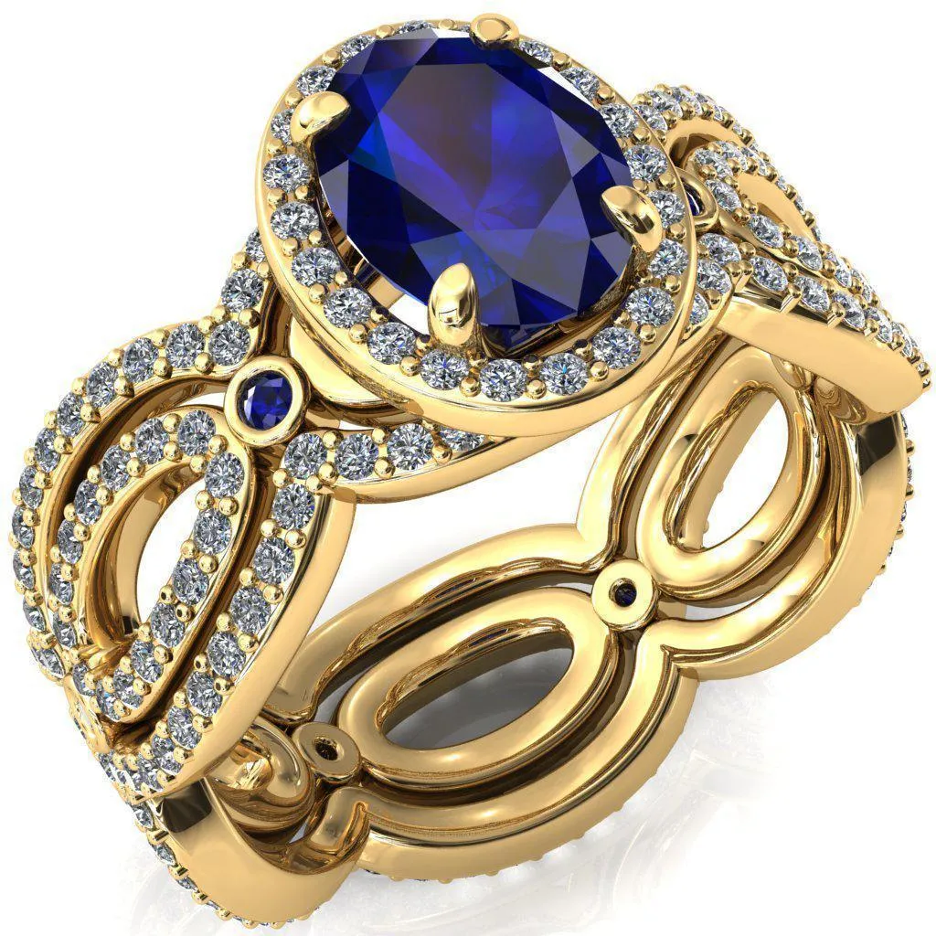 Polaris Oval Blue Sapphire Diamond Halo Full Eternity Blue Sapphire Bezel Diamond Accent Ring