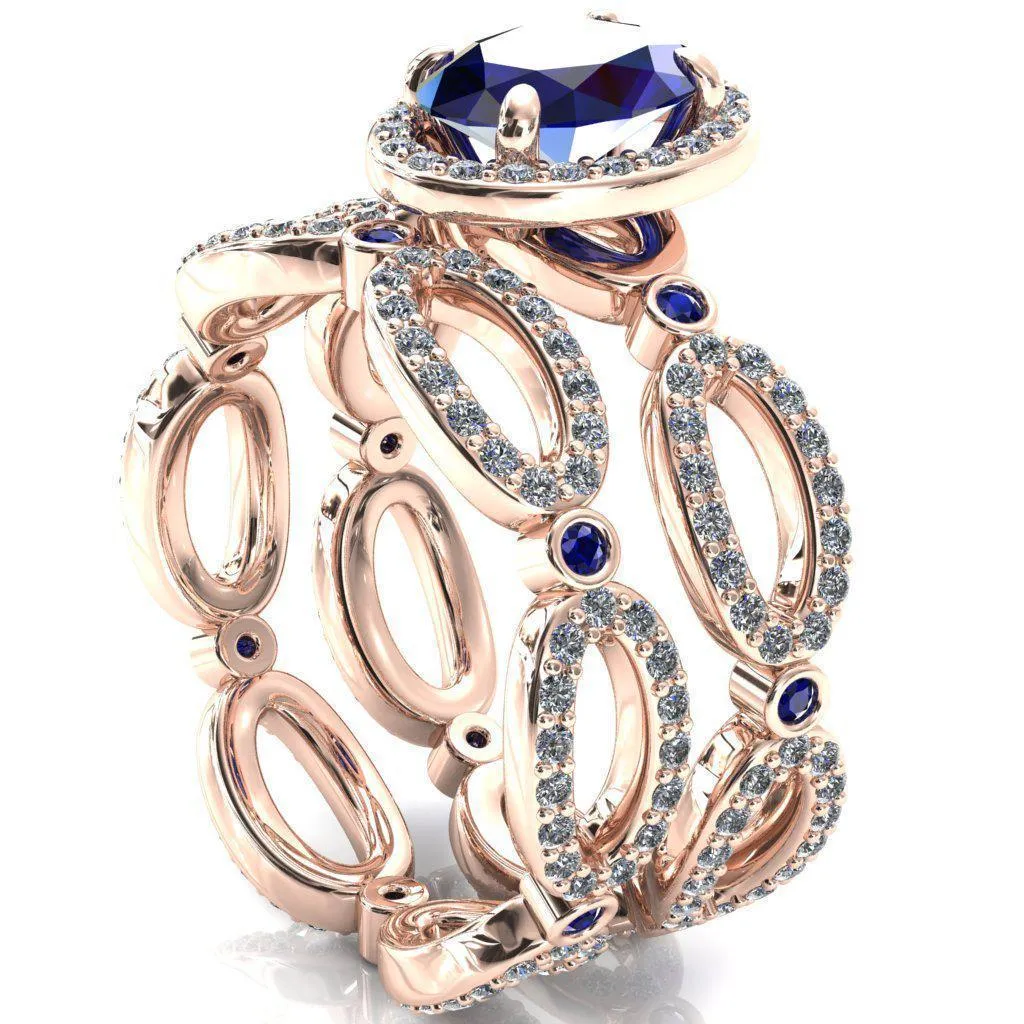 Polaris Oval Blue Sapphire Diamond Halo Full Eternity Blue Sapphire Bezel Diamond Accent Ring