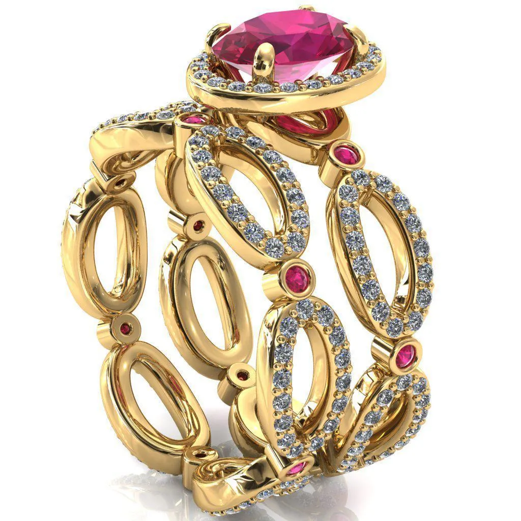 Polaris Oval Ruby Diamond Halo Full Eternity Ruby Bezel Diamond Accent Ring