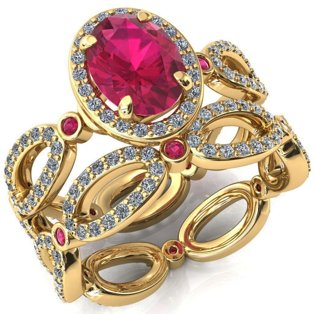 Polaris Oval Ruby Diamond Halo Full Eternity Ruby Bezel Diamond Accent Ring