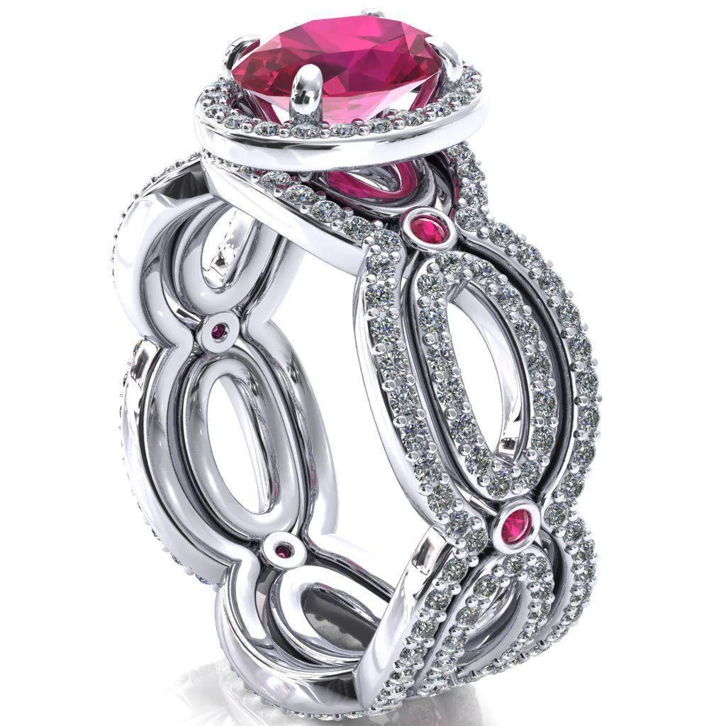 Polaris Oval Ruby Diamond Halo Full Eternity Ruby Bezel Diamond Accent Ring