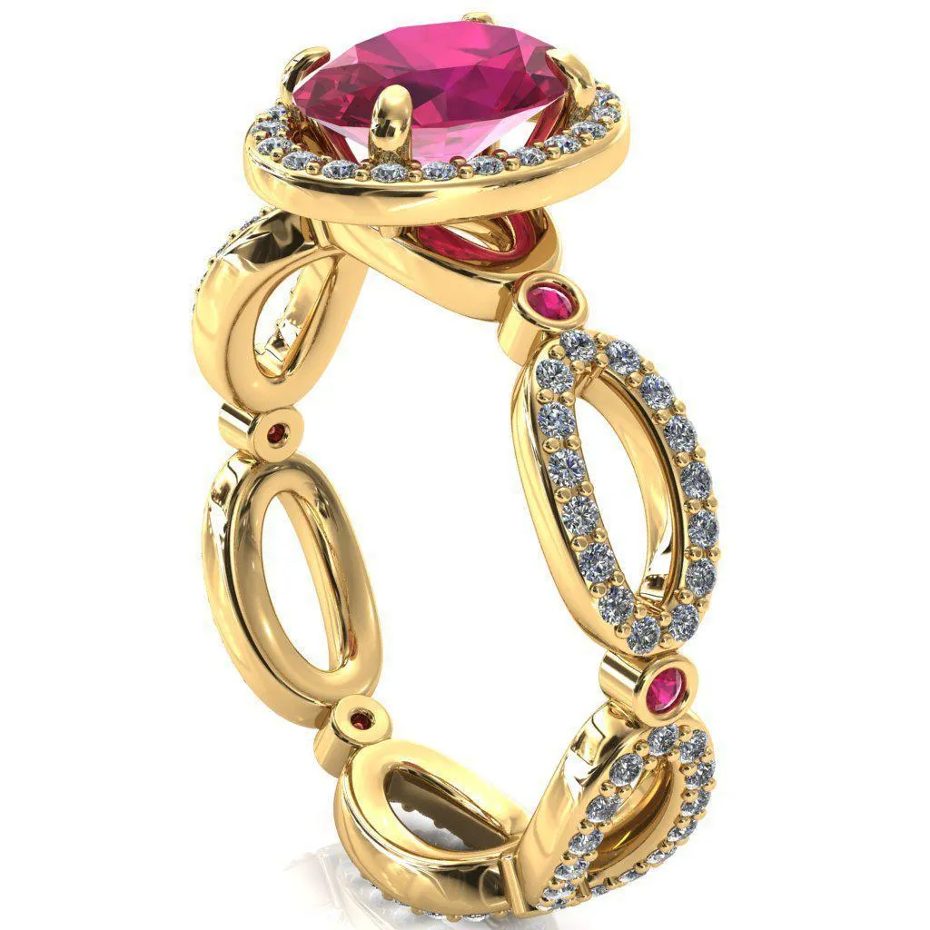 Polaris Oval Ruby Diamond Halo Full Eternity Ruby Bezel Diamond Accent Ring