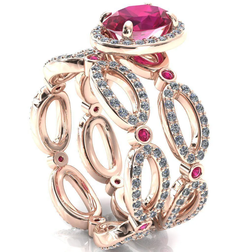 Polaris Oval Ruby Diamond Halo Full Eternity Ruby Bezel Diamond Accent Ring