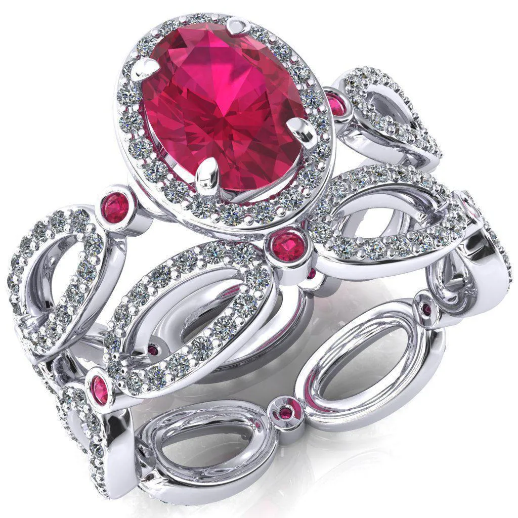 Polaris Oval Ruby Diamond Halo Full Eternity Ruby Bezel Diamond Accent Ring