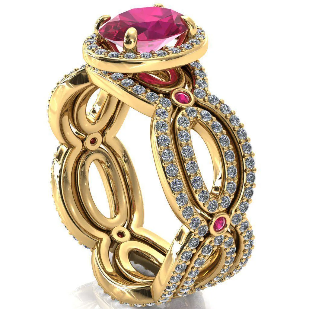 Polaris Oval Ruby Diamond Halo Full Eternity Ruby Bezel Diamond Accent Ring