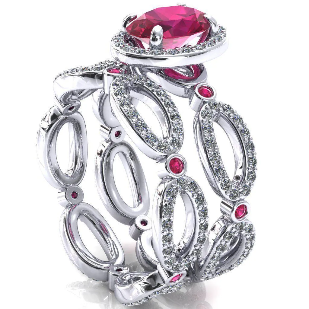 Polaris Oval Ruby Diamond Halo Full Eternity Ruby Bezel Diamond Accent Ring