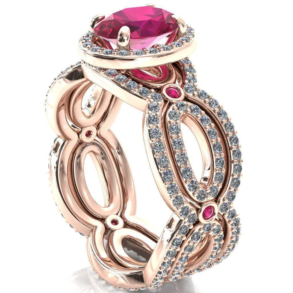 Polaris Oval Ruby Diamond Halo Full Eternity Ruby Bezel Diamond Accent Ring