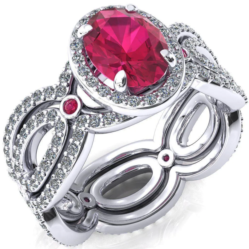Polaris Oval Ruby Diamond Halo Full Eternity Ruby Bezel Diamond Accent Ring