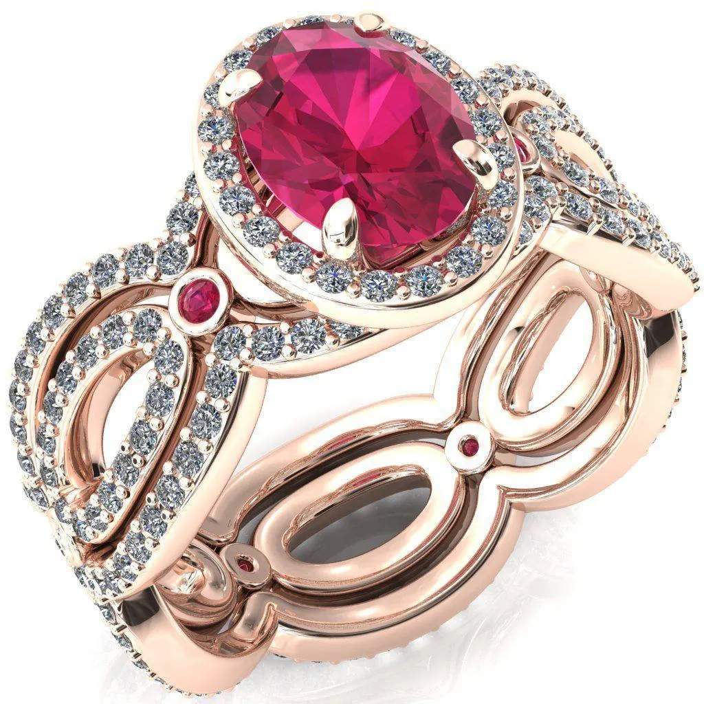 Polaris Oval Ruby Diamond Halo Full Eternity Ruby Bezel Diamond Accent Ring