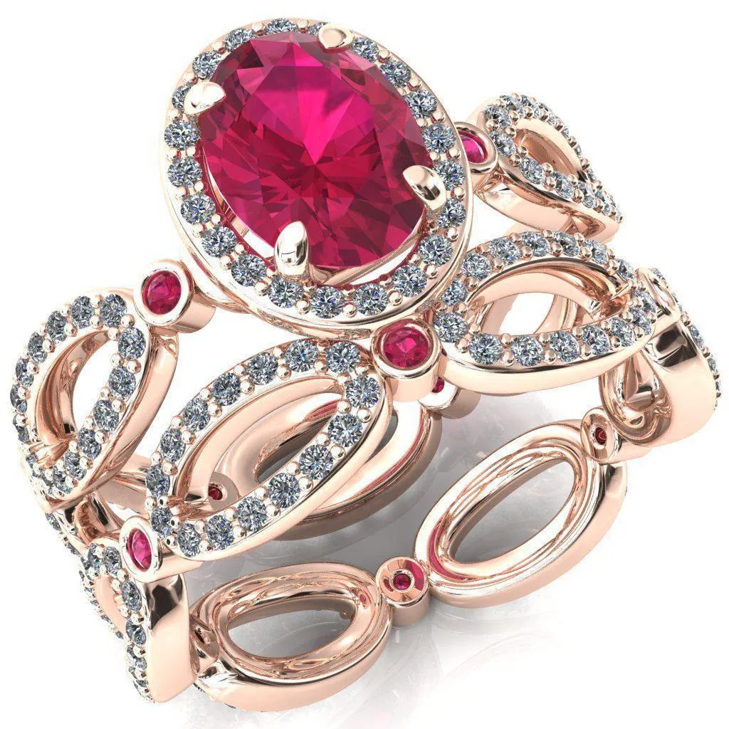 Polaris Oval Ruby Diamond Halo Full Eternity Ruby Bezel Diamond Accent Ring