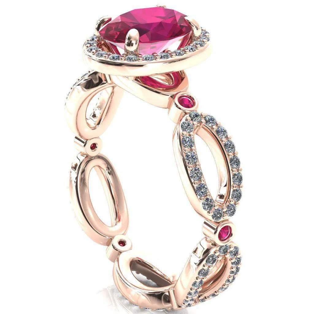 Polaris Oval Ruby Diamond Halo Full Eternity Ruby Bezel Diamond Accent Ring
