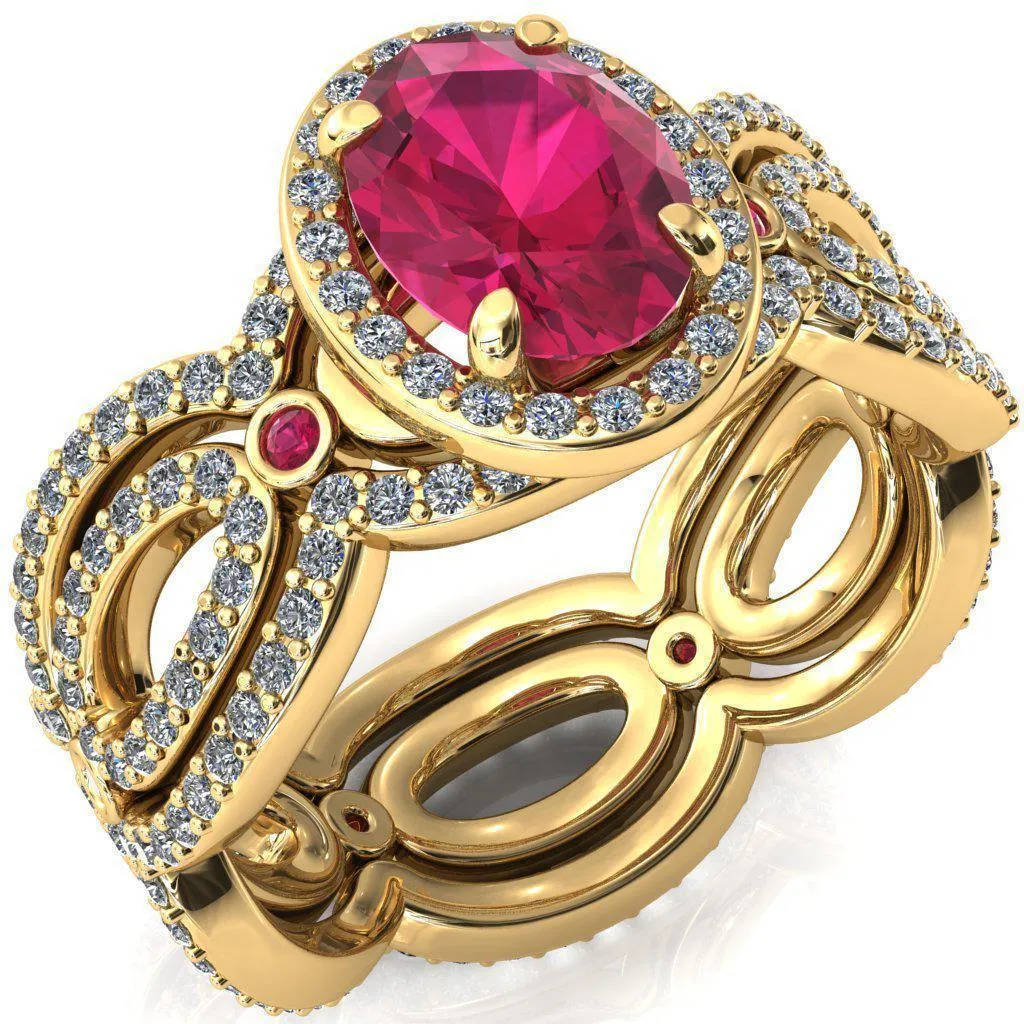 Polaris Oval Ruby Diamond Halo Full Eternity Ruby Bezel Diamond Accent Ring