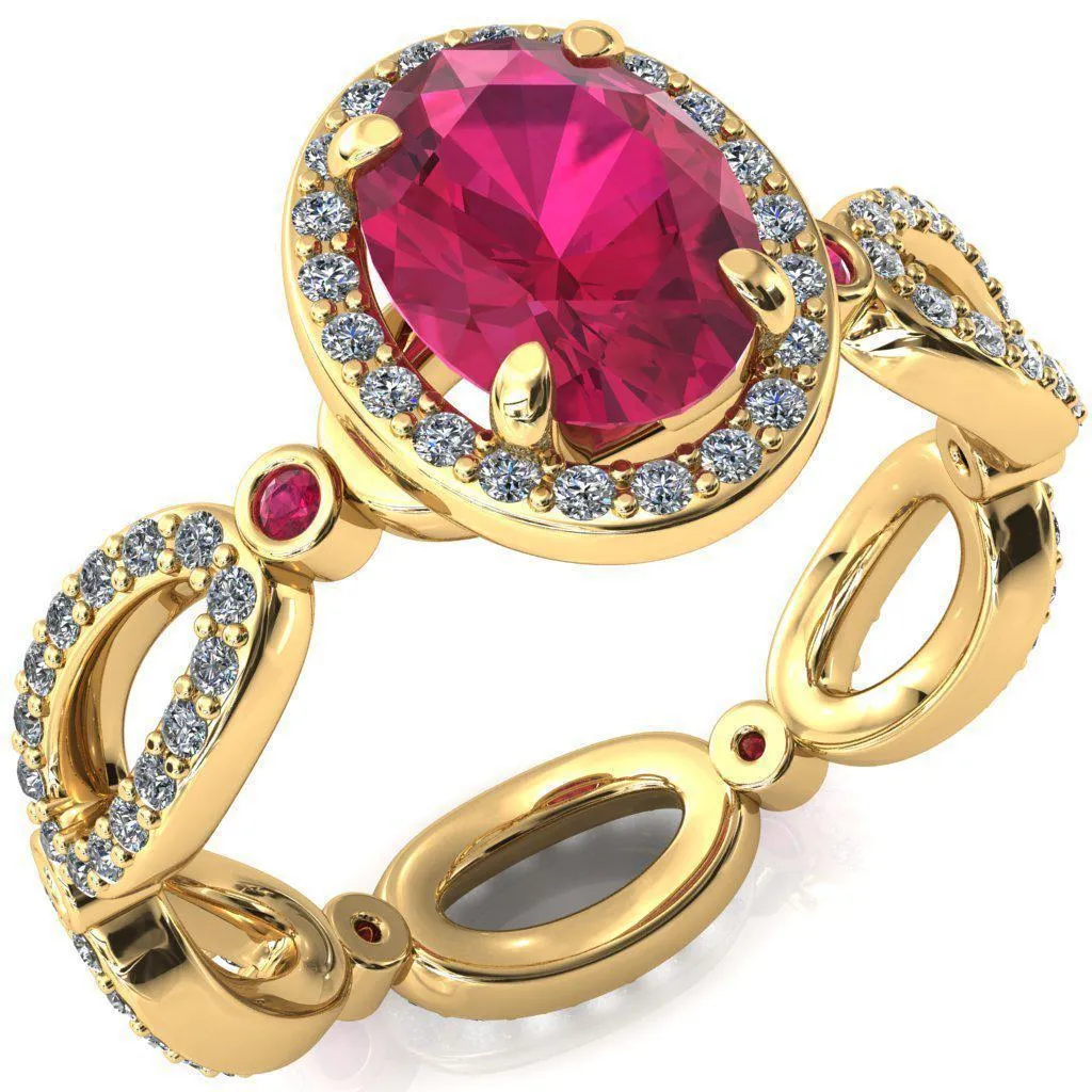 Polaris Oval Ruby Diamond Halo Full Eternity Ruby Bezel Diamond Accent Ring
