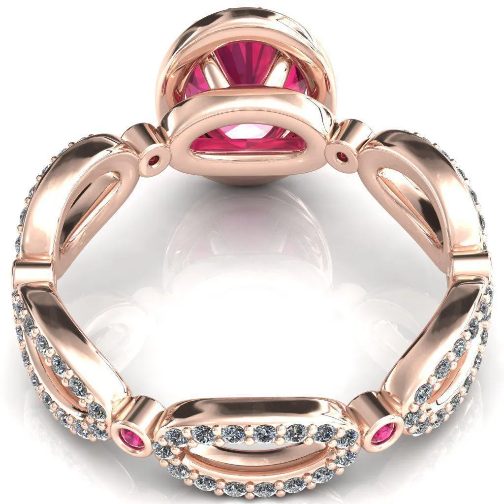 Polaris Oval Ruby Diamond Halo Full Eternity Ruby Bezel Diamond Accent Ring
