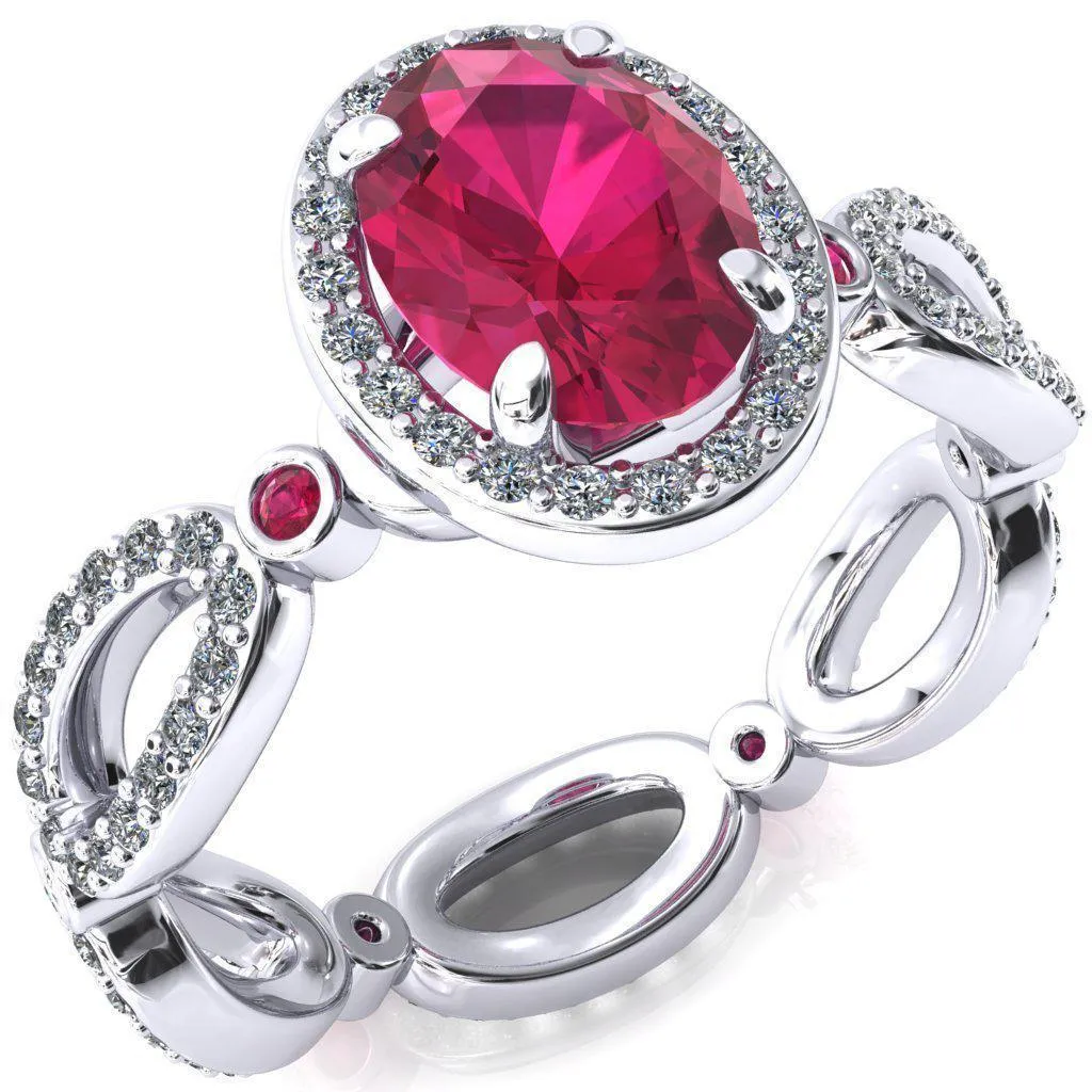 Polaris Oval Ruby Diamond Halo Full Eternity Ruby Bezel Diamond Accent Ring