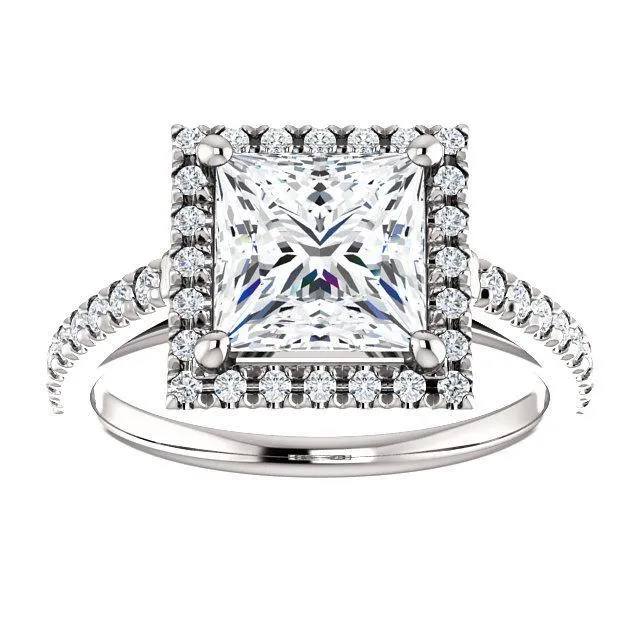 Princess/Square Moissanite Diamond Accent Ice Halo Cathedral Ring