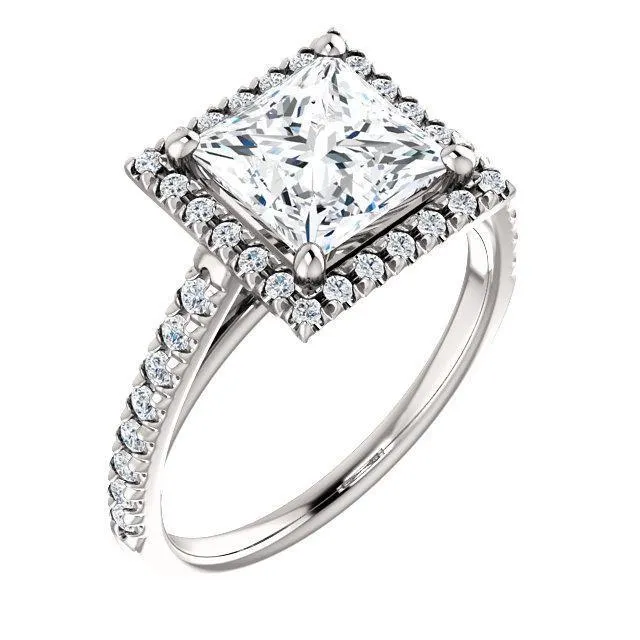 Princess/Square Moissanite Diamond Accent Ice Halo Cathedral Ring