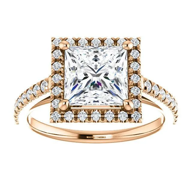 Princess/Square Moissanite Diamond Accent Ice Halo Cathedral Ring