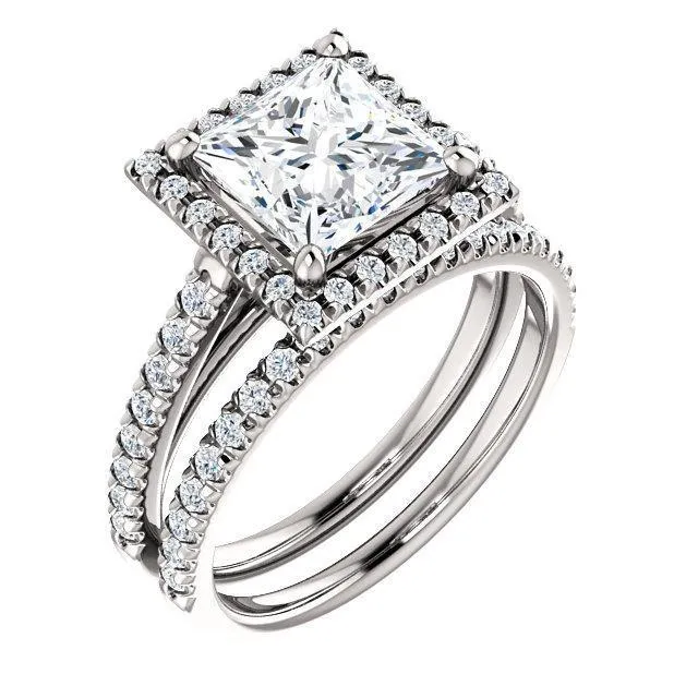 Princess/Square Moissanite Diamond Accent Ice Halo Cathedral Ring