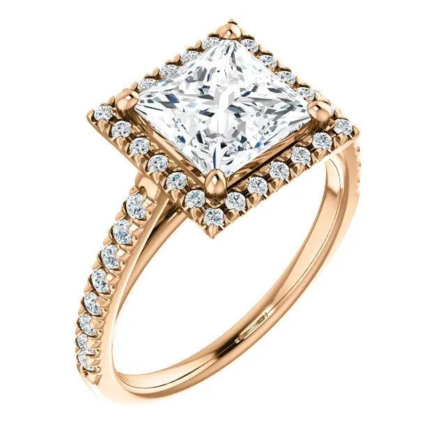 Princess/Square Moissanite Diamond Accent Ice Halo Cathedral Ring