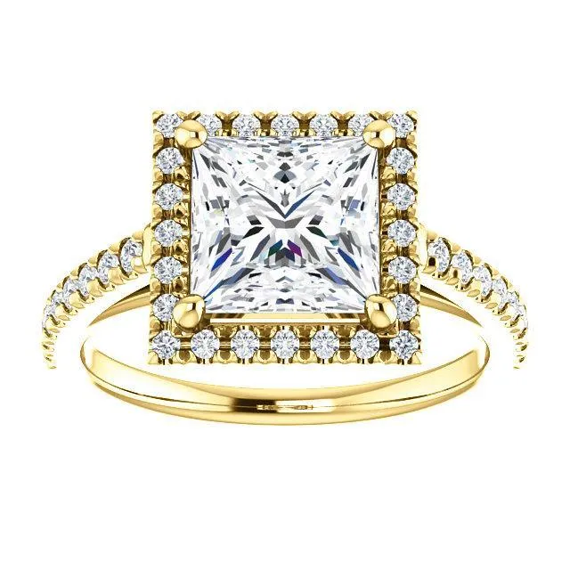 Princess/Square Moissanite Diamond Accent Ice Halo Cathedral Ring