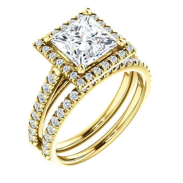 Princess/Square Moissanite Diamond Accent Ice Halo Cathedral Ring