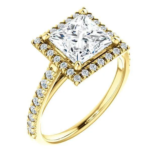 Princess/Square Moissanite Diamond Accent Ice Halo Cathedral Ring