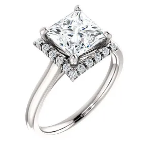 Princess/Square Moissanite Diamond Accent Ice Halo French-Set Ring