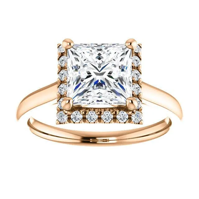 Princess/Square Moissanite Diamond Accent Ice Halo French-Set Ring