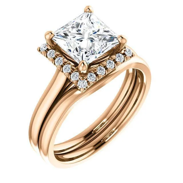 Princess/Square Moissanite Diamond Accent Ice Halo French-Set Ring