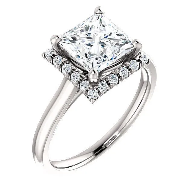 Princess/Square Moissanite Diamond Accent Ice Halo French-Set Ring