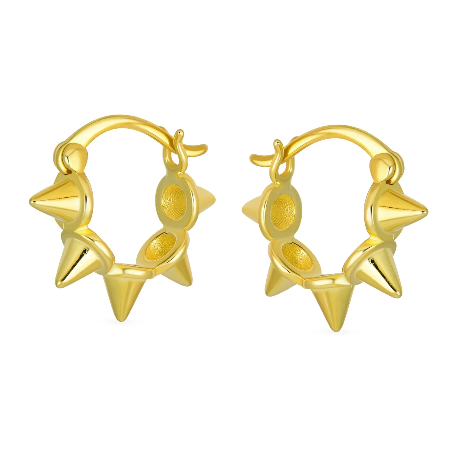 Punk Rocker Goth Biker 5 Spike Hoop Huggie Earrings 14K Gold Plated Sterling Silver