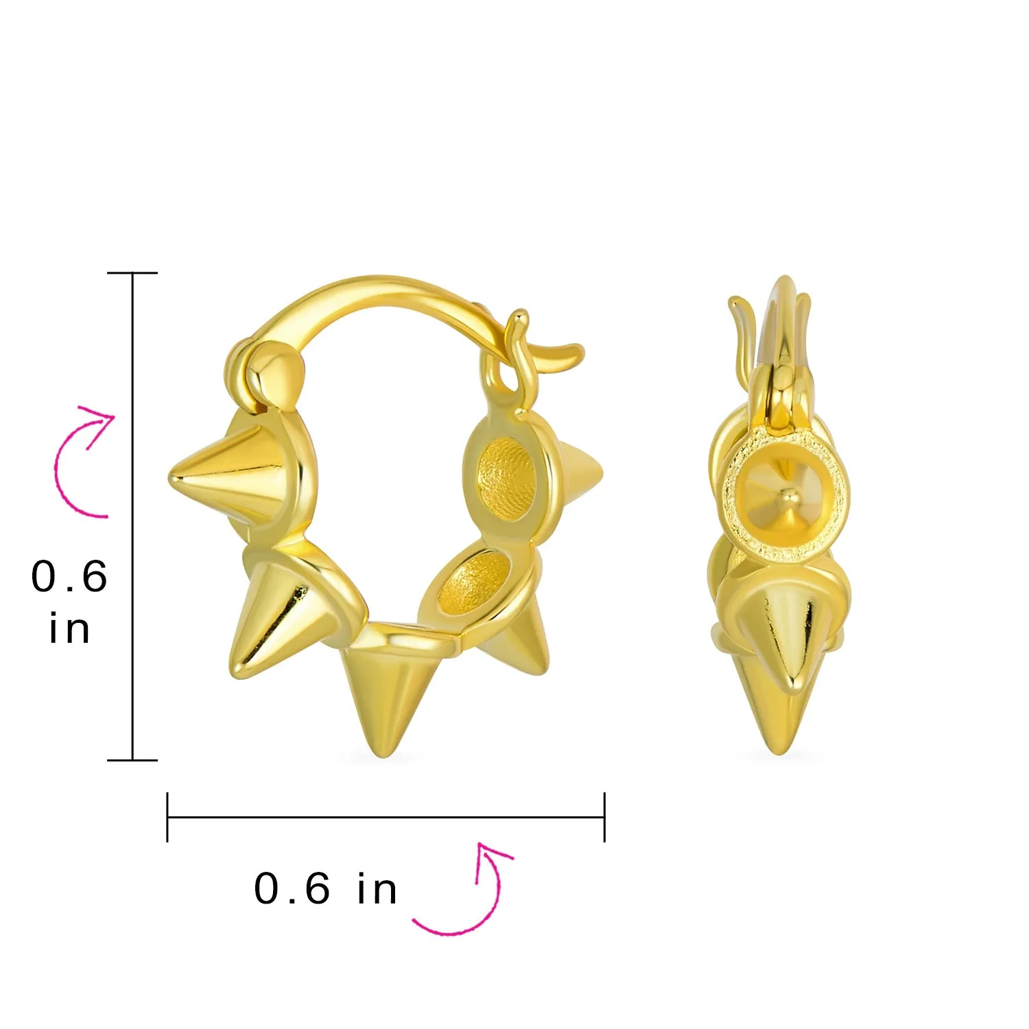 Punk Rocker Goth Biker 5 Spike Hoop Huggie Earrings 14K Gold Plated Sterling Silver