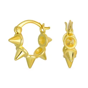 Punk Rocker Goth Biker 5 Spike Hoop Huggie Earrings 14K Gold Plated Sterling Silver