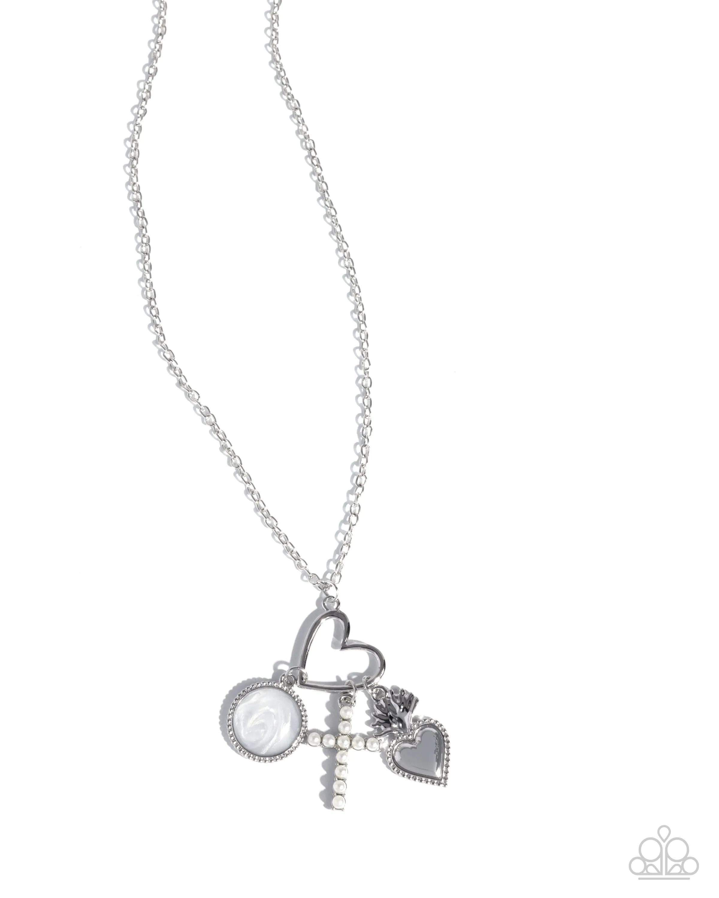 Purely Blessed - White - Pearl Cross Silver Heart Inspirational/Religious Paparazzi Short Necklace