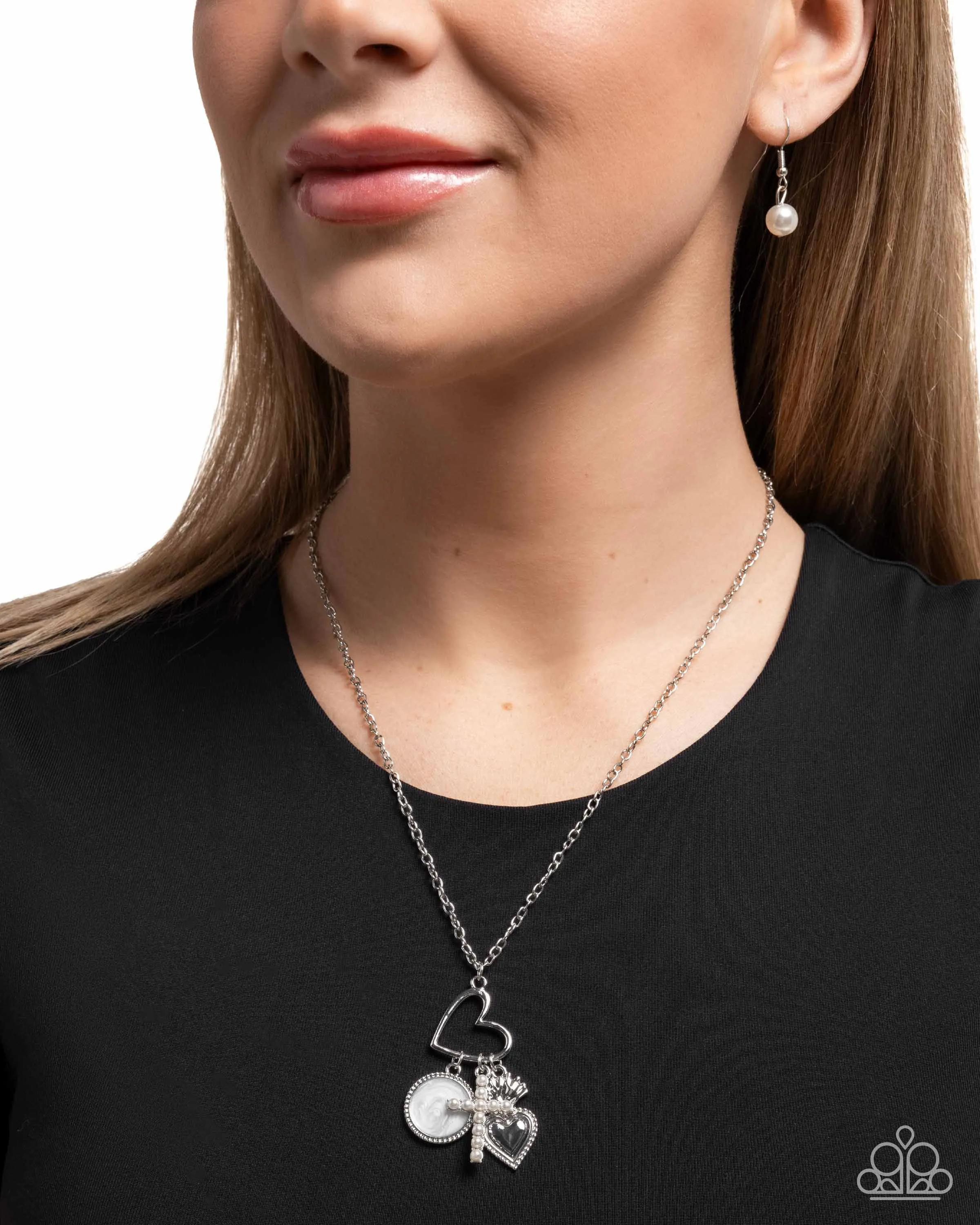 Purely Blessed - White - Pearl Cross Silver Heart Inspirational/Religious Paparazzi Short Necklace