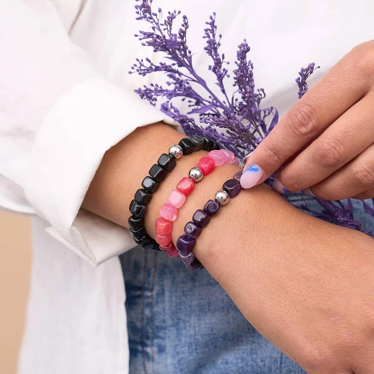 Purple Agate | Silver | Gemstone Pebble Bracelet